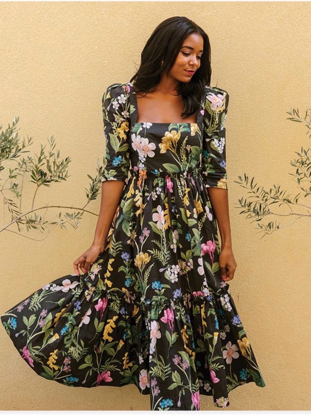 Cara Cara Blue Hill Black Floral Puff-Sleeve Square-Neck midi Dress